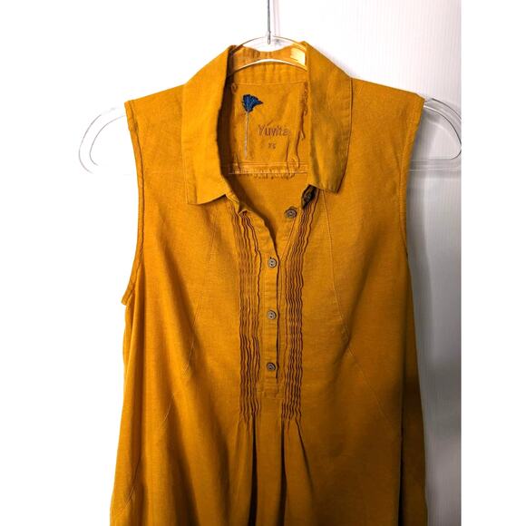 Yuvita Sleeveless Linen Pintuck Pleated Midi Dress Marigold Yellow A-Line XS - Picture 4 of 10